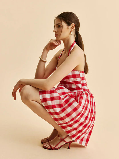 Plaid Halter Flare Dress