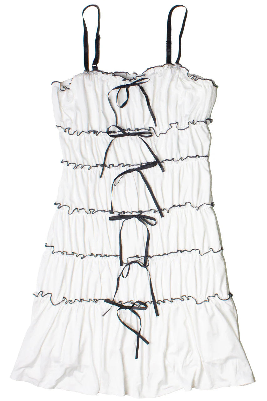 Contrast Stitch Ribbon Bow Tiered Mini Dress