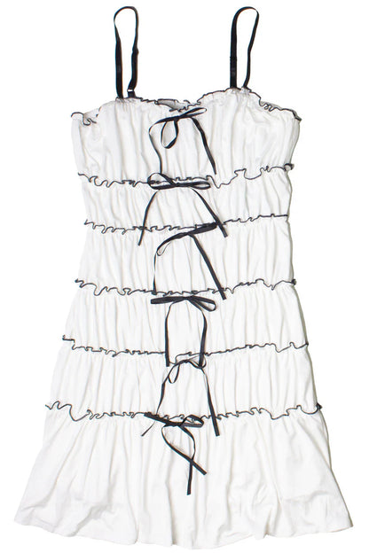Contrast Stitch Ribbon Bow Tiered Mini Dress