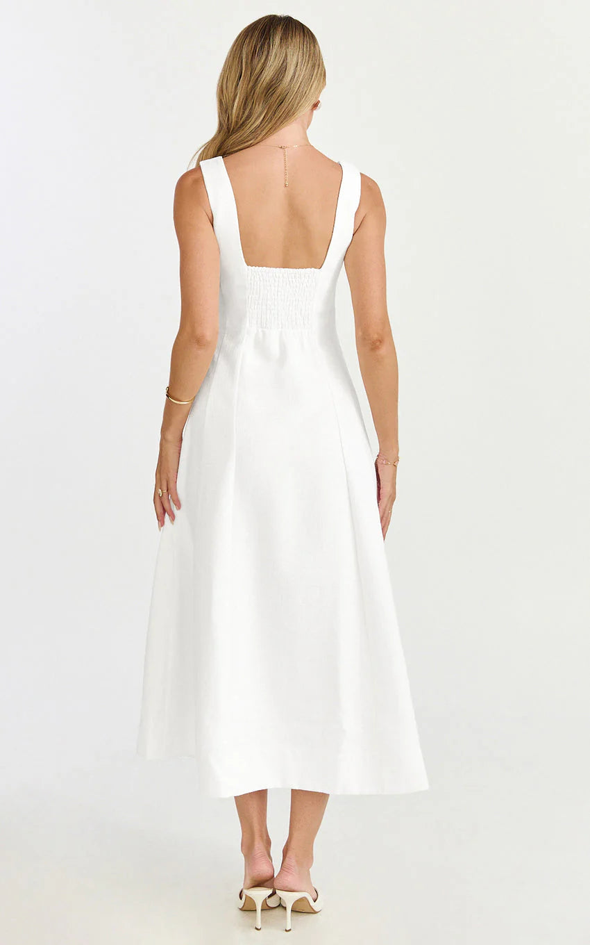Walters Midi Dress - Square Neck Shirred Back Fit and Flare Panel Dress in White