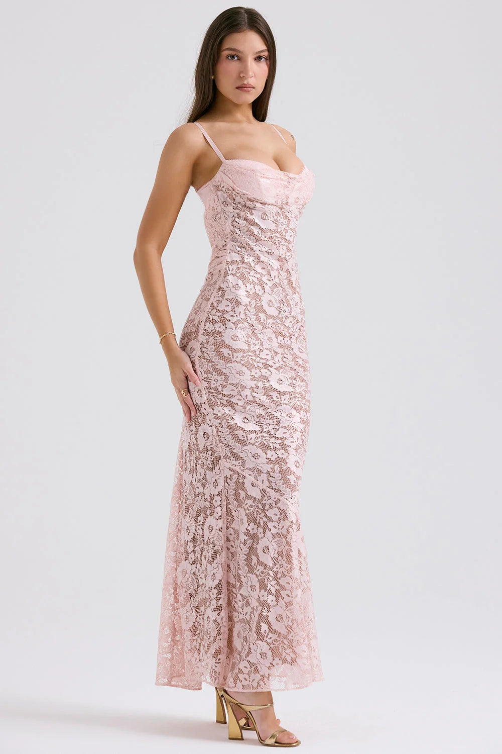 rose pink lace godet gown