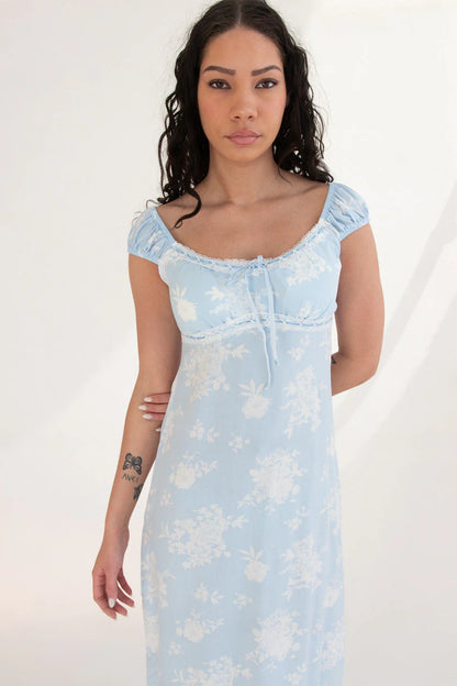 Puff Sleeve Lace Trim Floral Maxi Dress