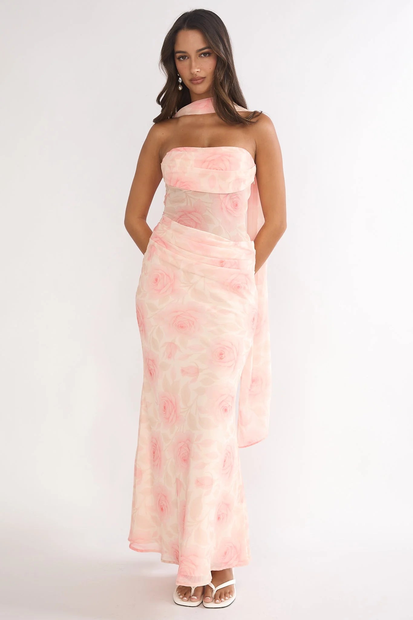 Unforgettable Day Drape Waist Strapless Maxi Dress Roses Floral