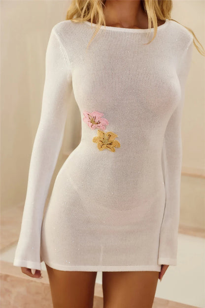 Sun-Kissed Evenings Knit Long Sleeve Mini Dress White