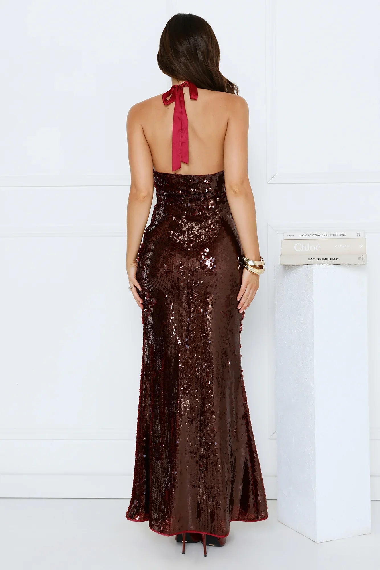 Cherry Sparkle Sequin Halter Maxi Dress Burgundy