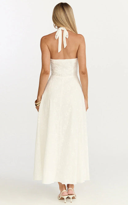 Lyra Midi Dress - Broderie Ruched Bust Halter Neck Dress in White