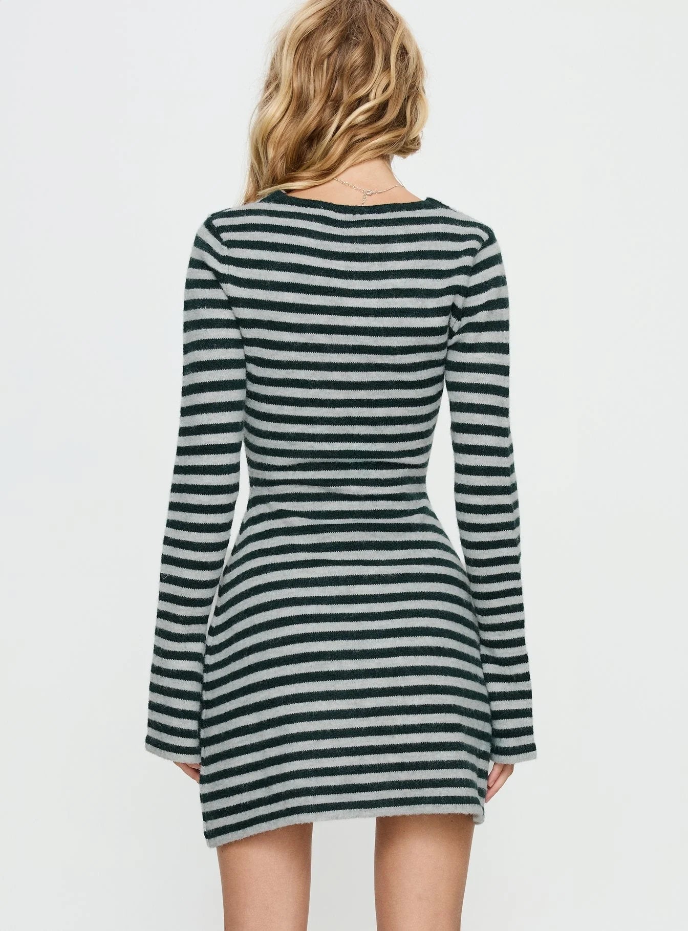 Morgen Asymmetrical Long Sleeve Mini Dress Grey / Green Stripe