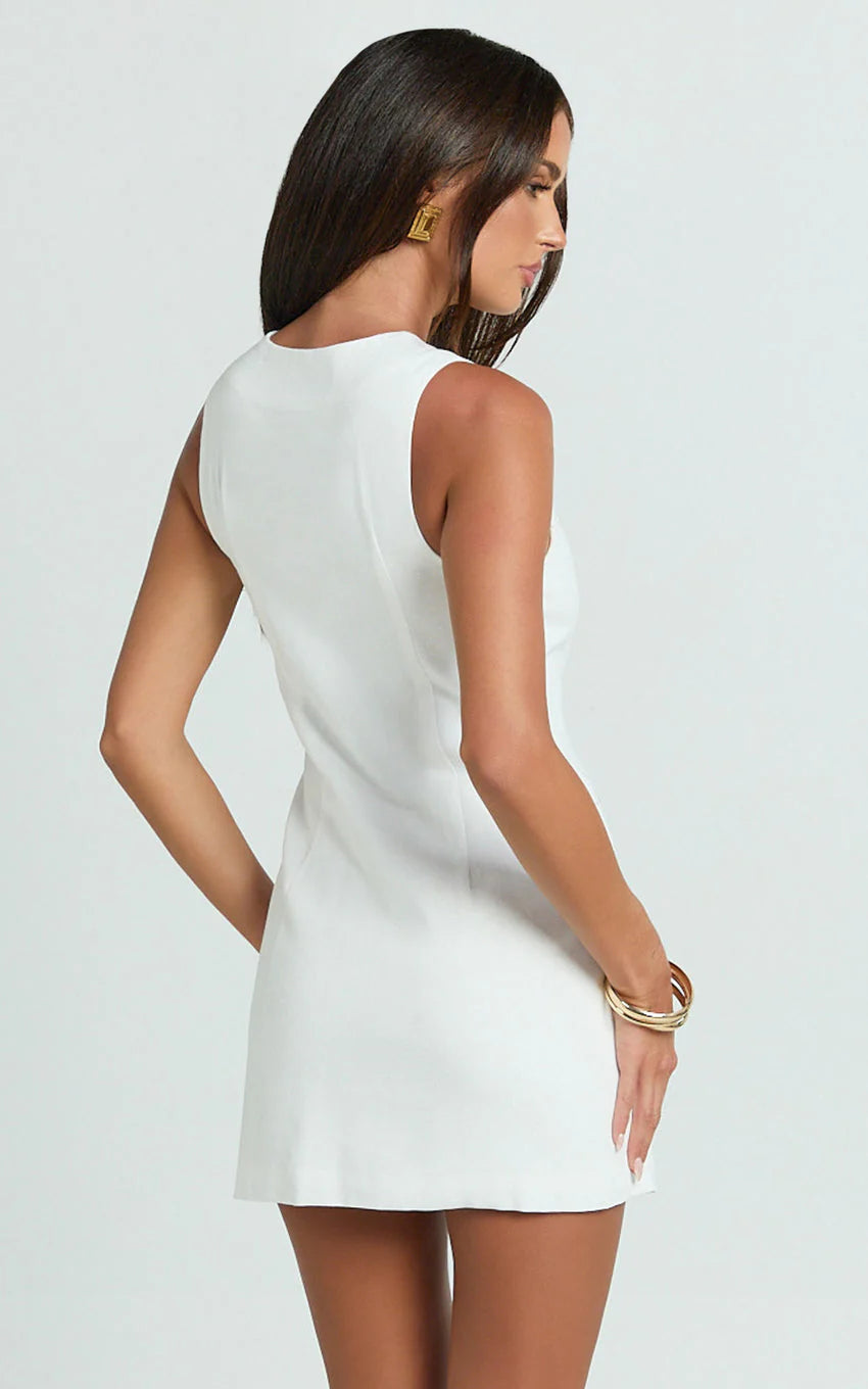 Alberta Mini Dress - Fitted Hardware Button Down Welt Pocket Dress in Off White