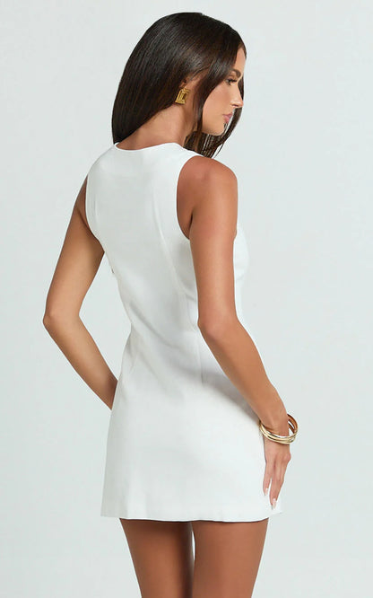 Alberta Mini Dress - Fitted Hardware Button Down Welt Pocket Dress in Off White