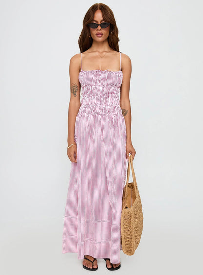 Loralei Shirred Maxi Dress Red Stripe