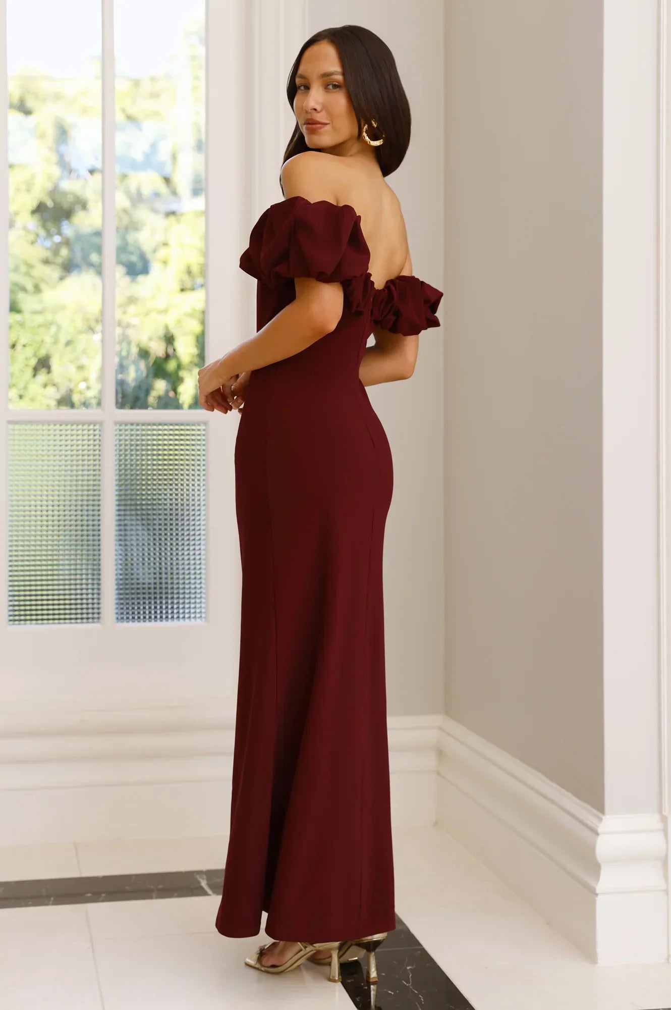 Manhattan Nights Off Shoulder Maxi Dress Maroon