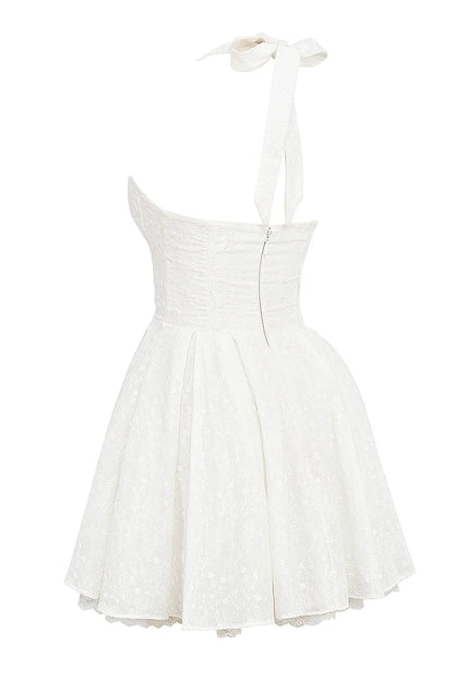 white broderie anglais halter mini dress