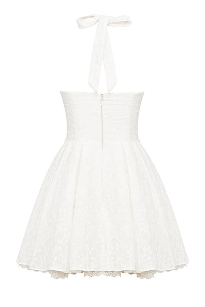 white broderie anglais halter mini dress