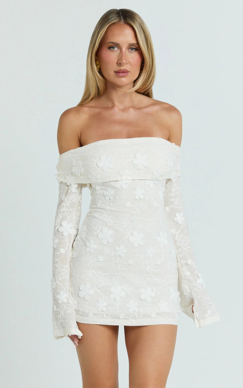Raymond Mini Dress - Off Shoulder Long Sleeve Fitted Dress in Ivory