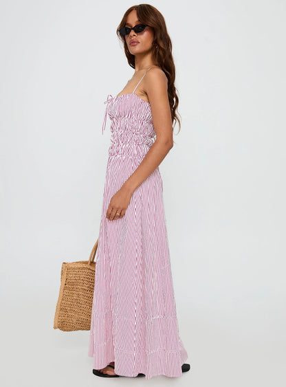 Loralei Shirred Maxi Dress Red Stripe