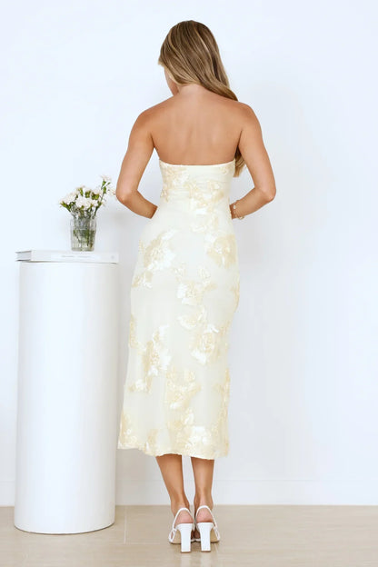 Magic Haze Strapless Mesh Midi Dress Yellow
