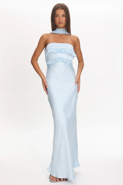 Damsel Reverse Halter Frill Trim Maxi Dress Baby Blue