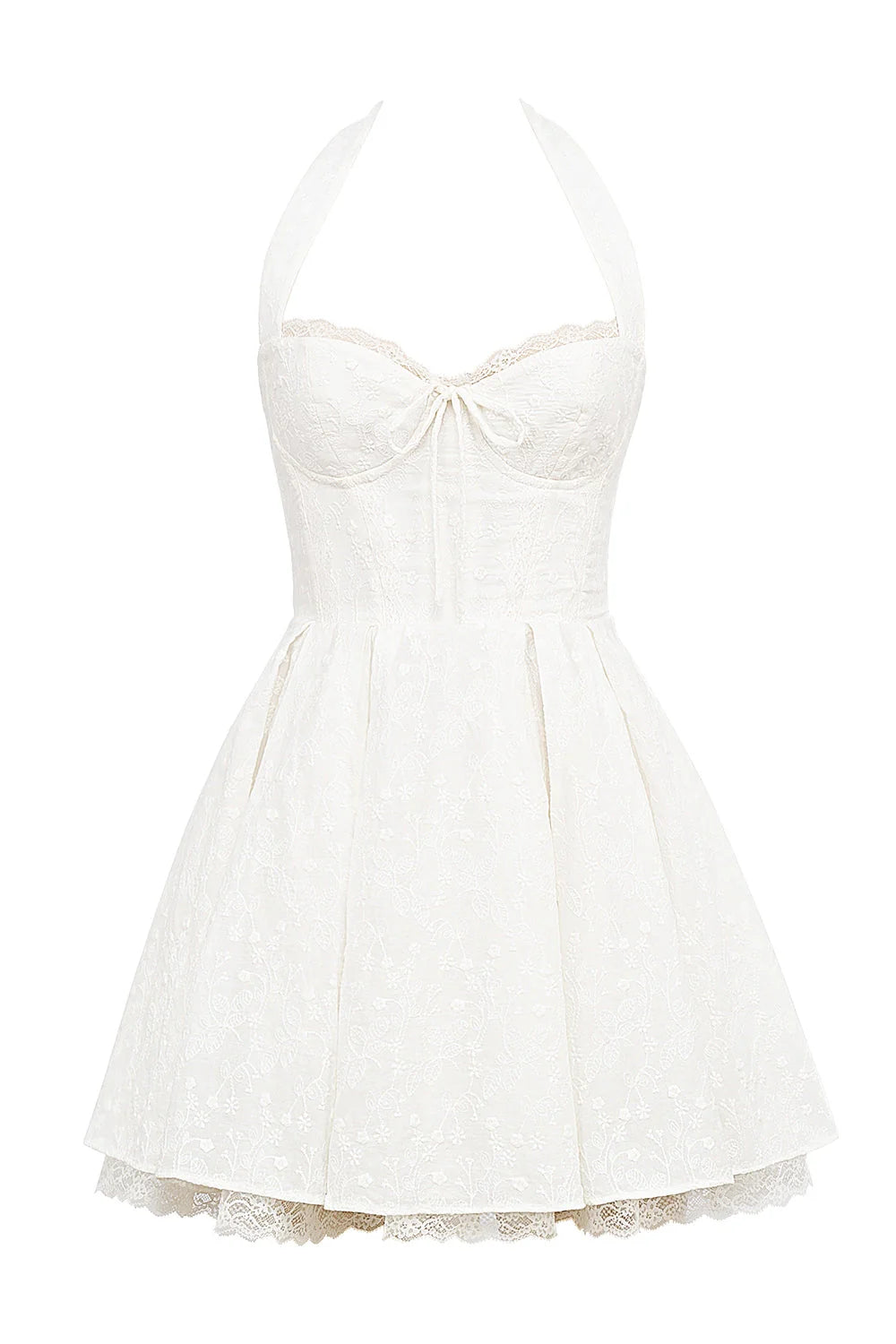 white broderie anglais halter mini dress