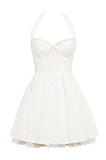 white broderie anglais halter mini dress