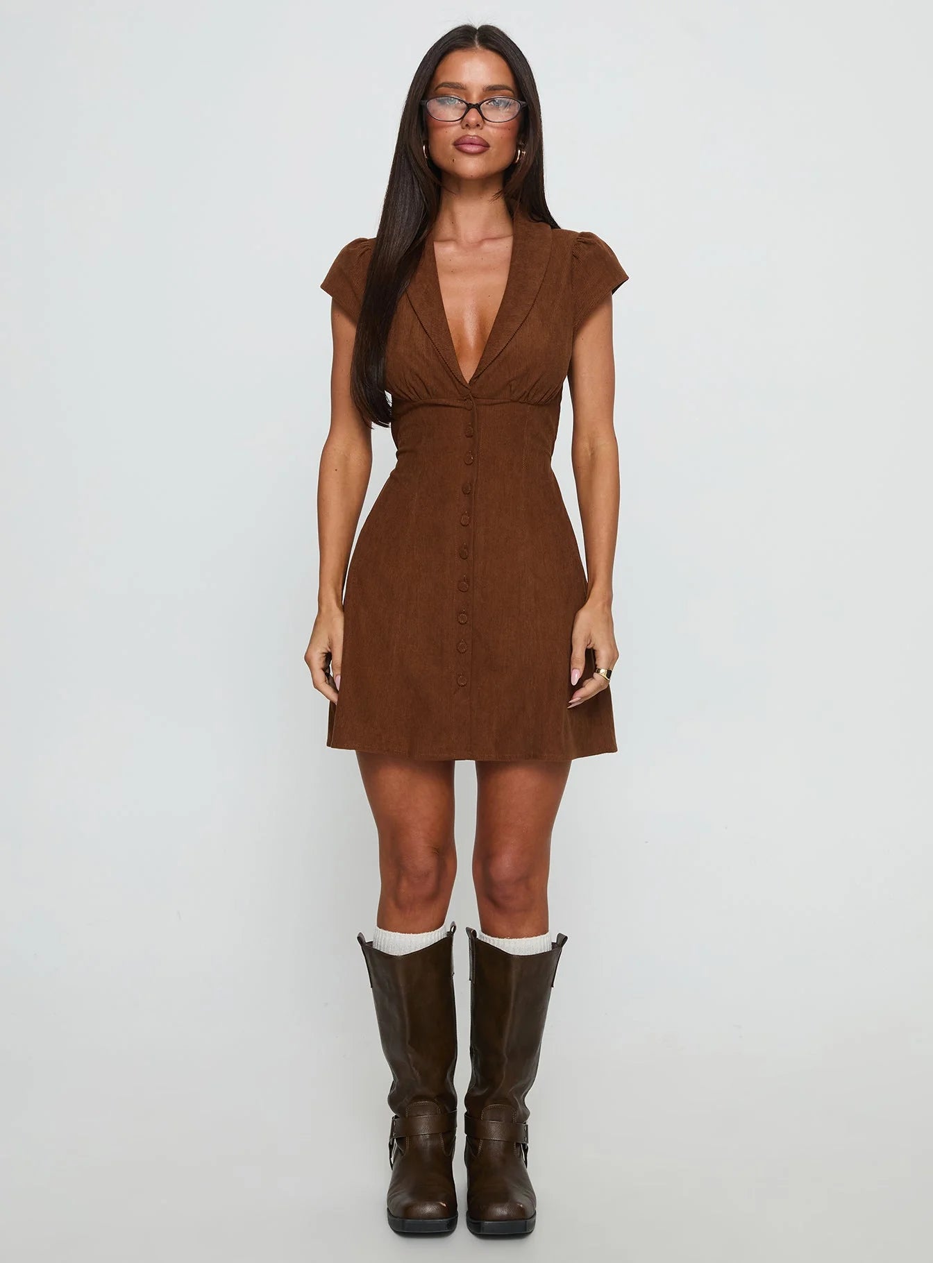 Magdalene Corduroy Button Down Mini Dress Chocolate