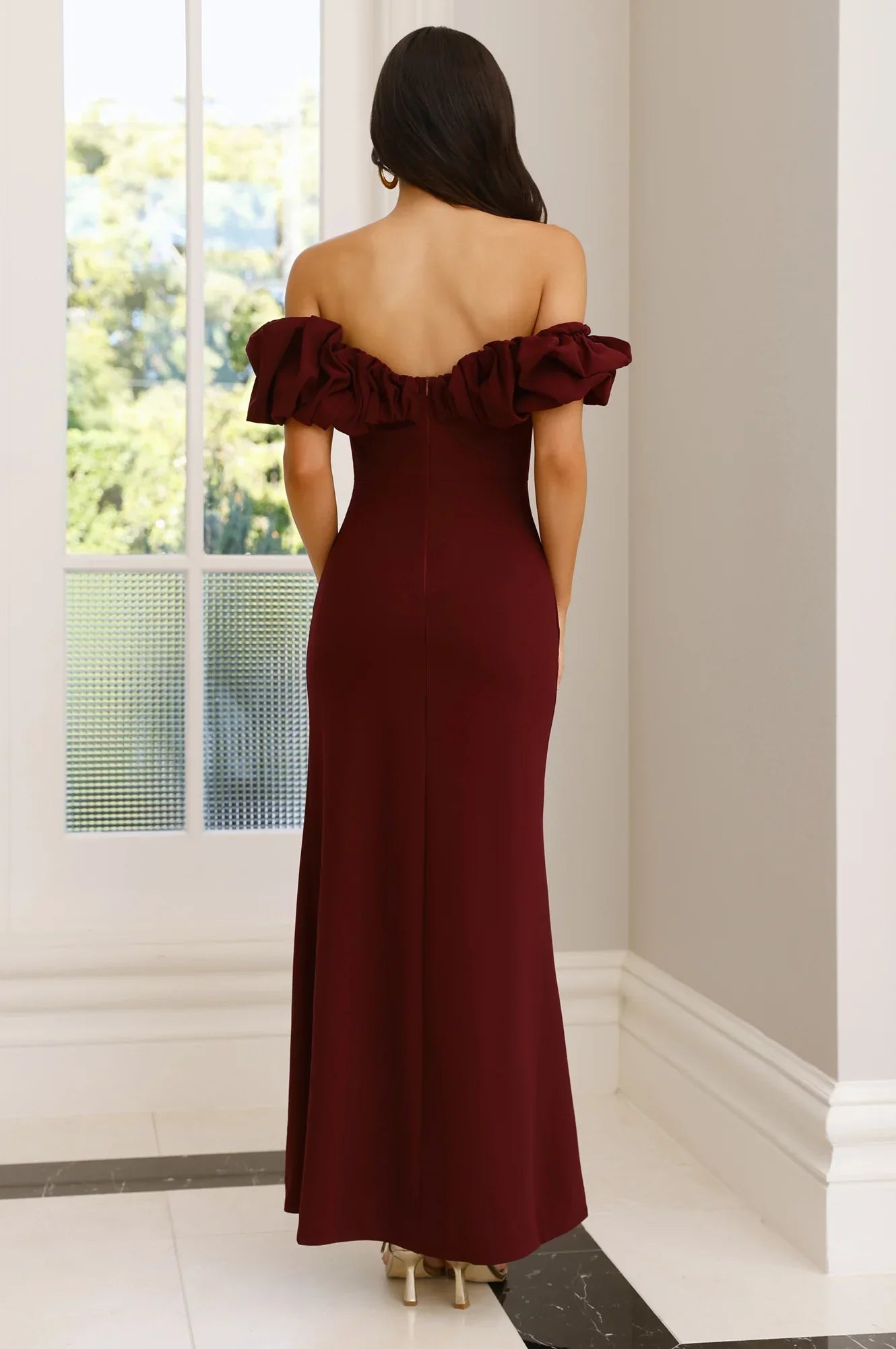 Manhattan Nights Off Shoulder Maxi Dress Maroon
