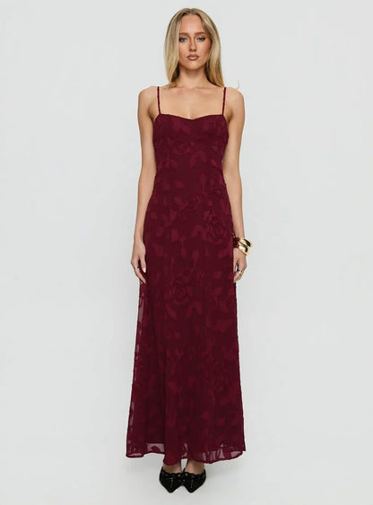 Leading Lady Sweetheart Maxi Dress Red Floral Burnout