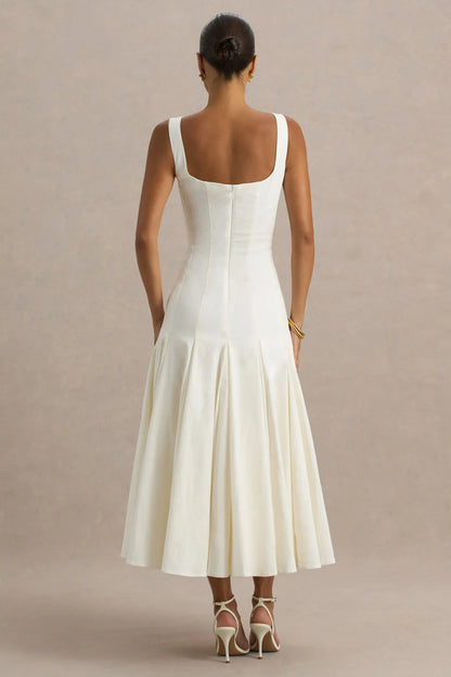 Magnolia | White Scoop-Neck Midi Dress With Drop-Waist And Ruffling Detail