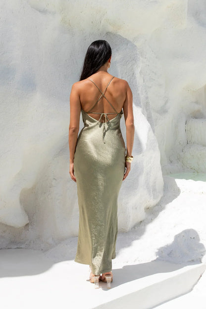 NYC Nightlife Satin Maxi Dress Khaki