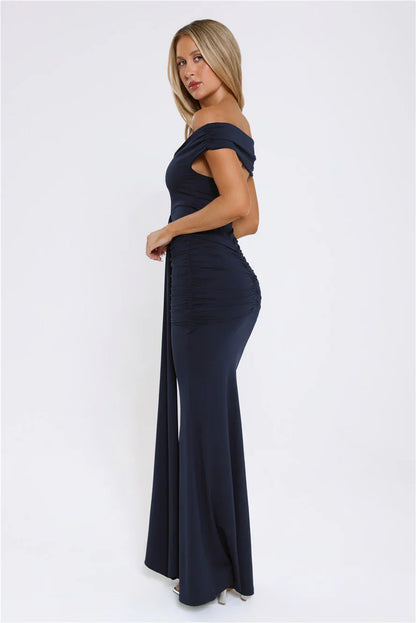 Chic Serenity Off Shoulder Maxi Dress Navy