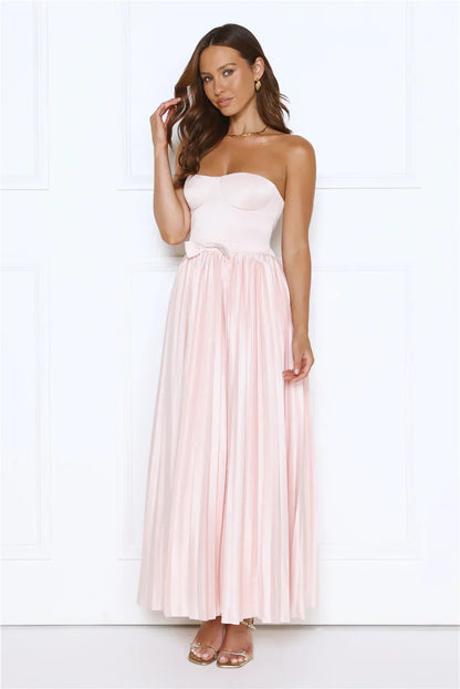 Glossed Over Strapless Satin Pleated Maxi Dress Pink