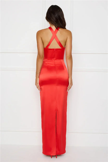 Diamond Elegance Satin Maxi Dress Red