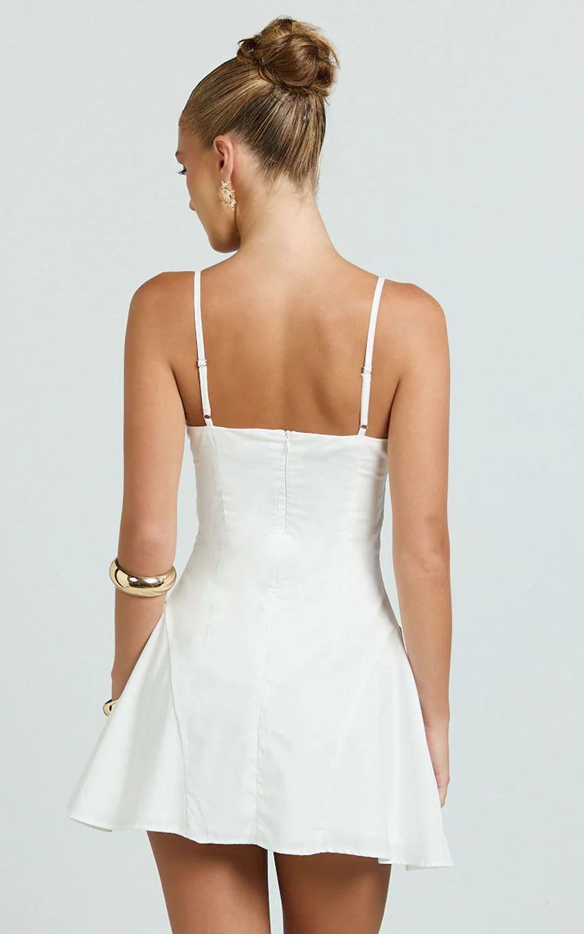 Monet Mini Dress - Button Down Ruched Front Fit And Flare Dress in Off White