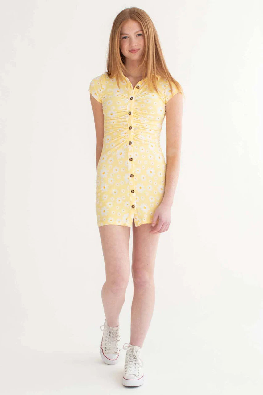 Yellow Daisy Ruched Shirt Dress