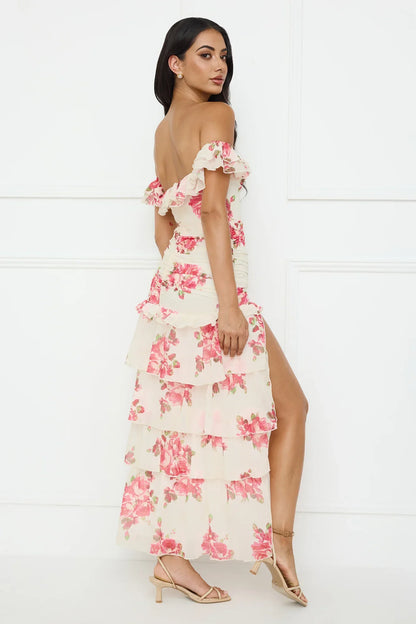 Floralicious Off Shoulder Maxi Dress Cream