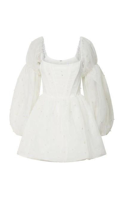 Ingrid Mini Dress - Long Puff Sleeve Pearl Detail Dress in White