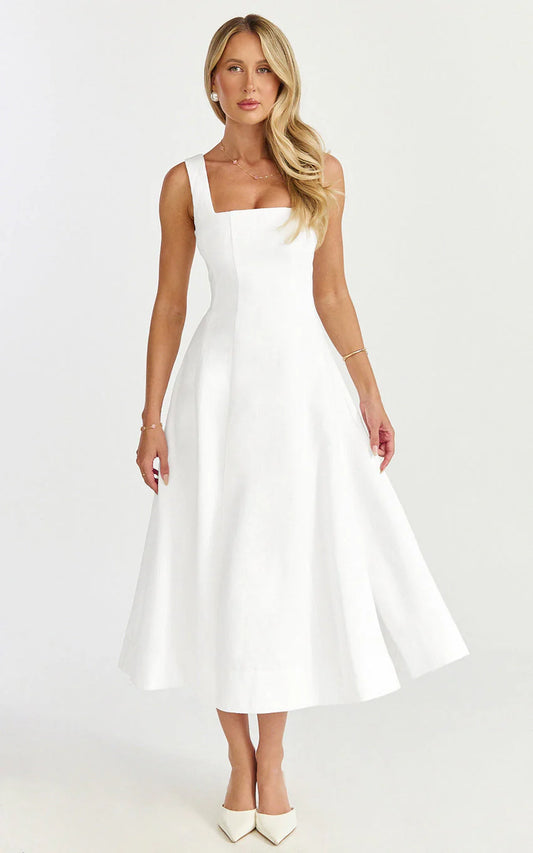 Walters Midi Dress - Square Neck Shirred Back Fit and Flare Panel Dress in White