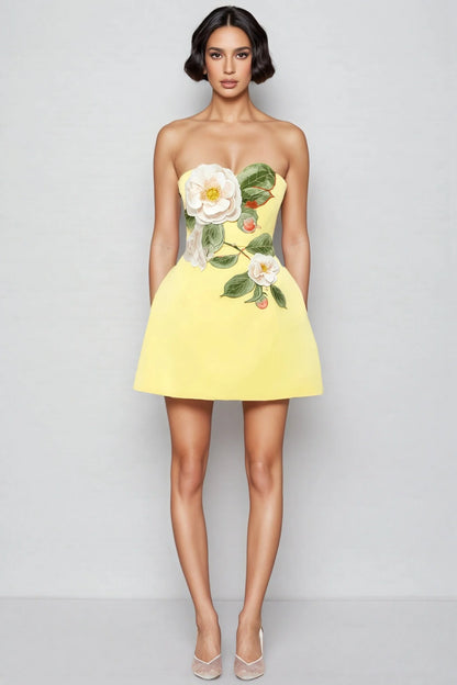 Rex Yellow Applique Floral Bustier Mini Dress