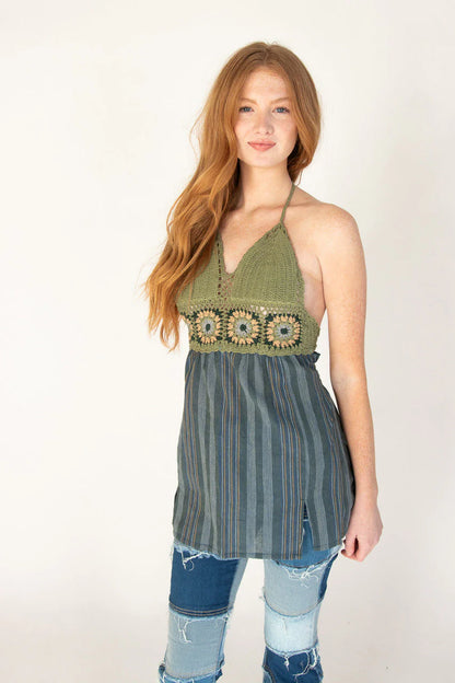 Crochet Top Striped Skirt Mini Dress