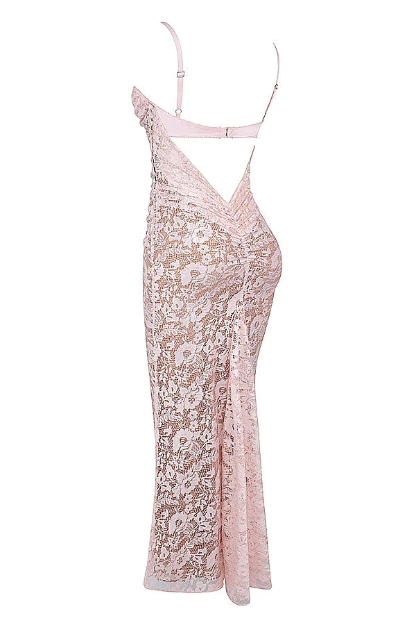 rose pink lace godet gown