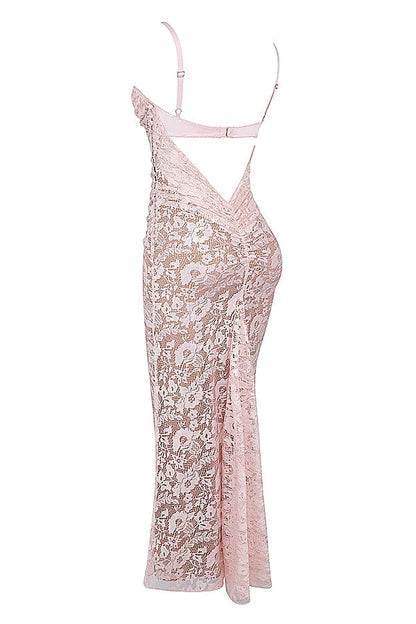 rose pink lace godet gown