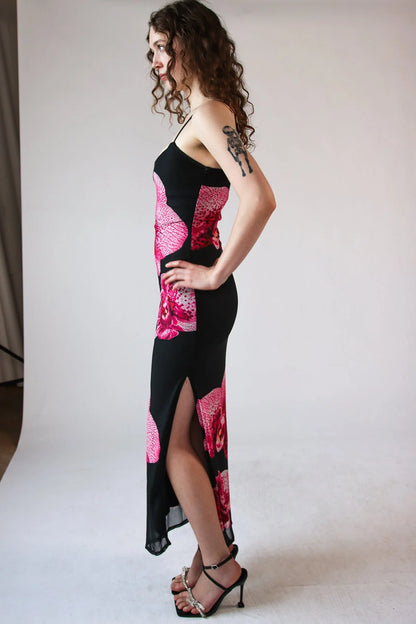Large Flower Print Mesh Maxi Dress