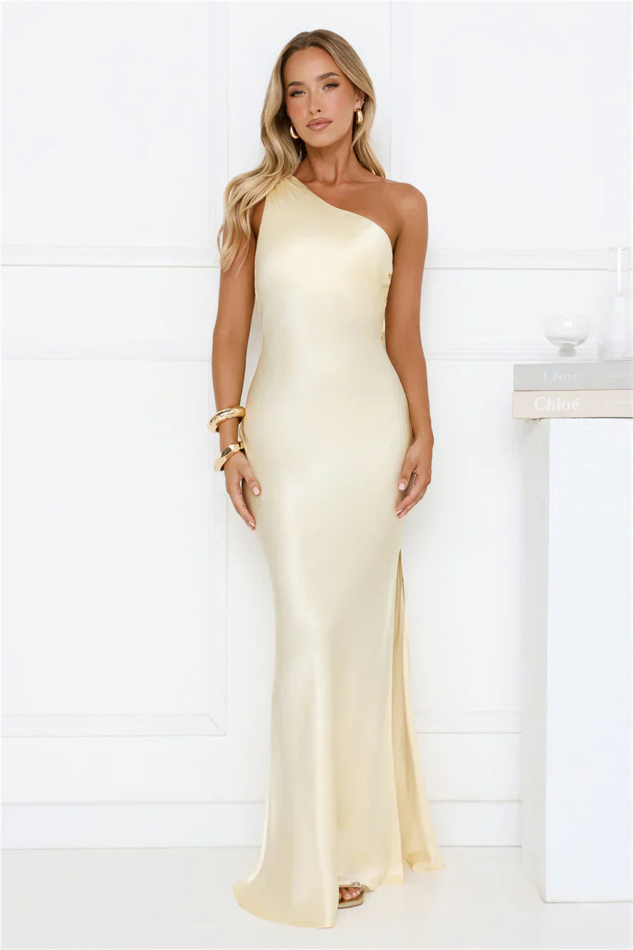 Modern Day Love One Shoulder Satin Maxi Dress Yellow
