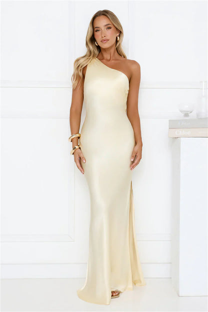 Modern Day Love One Shoulder Satin Maxi Dress Yellow
