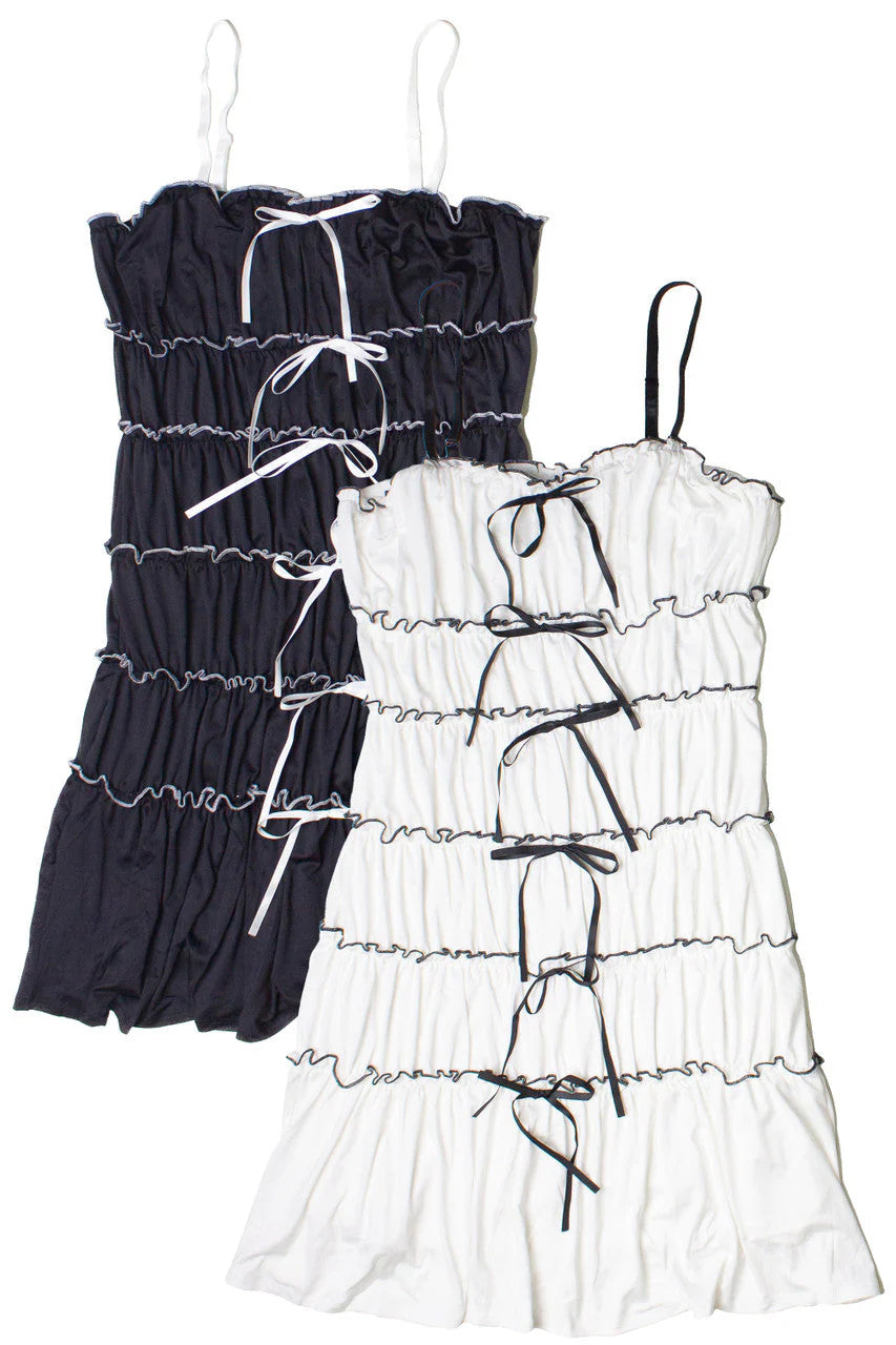 Contrast Stitch Ribbon Bow Tiered Mini Dress