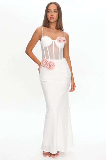 Ismera Sheer Bodice Rosette Maxi Dress White