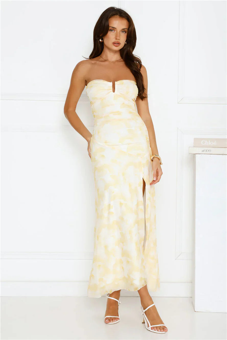 Gatsby Glow Strapless Mesh Maxi Dress Yellow