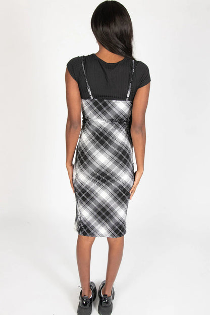 Lace Trim Plaid Midi Dress With Tee