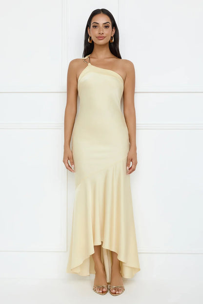 Masquerade Energy One Shoulder Satin Maxi Dress Yellow