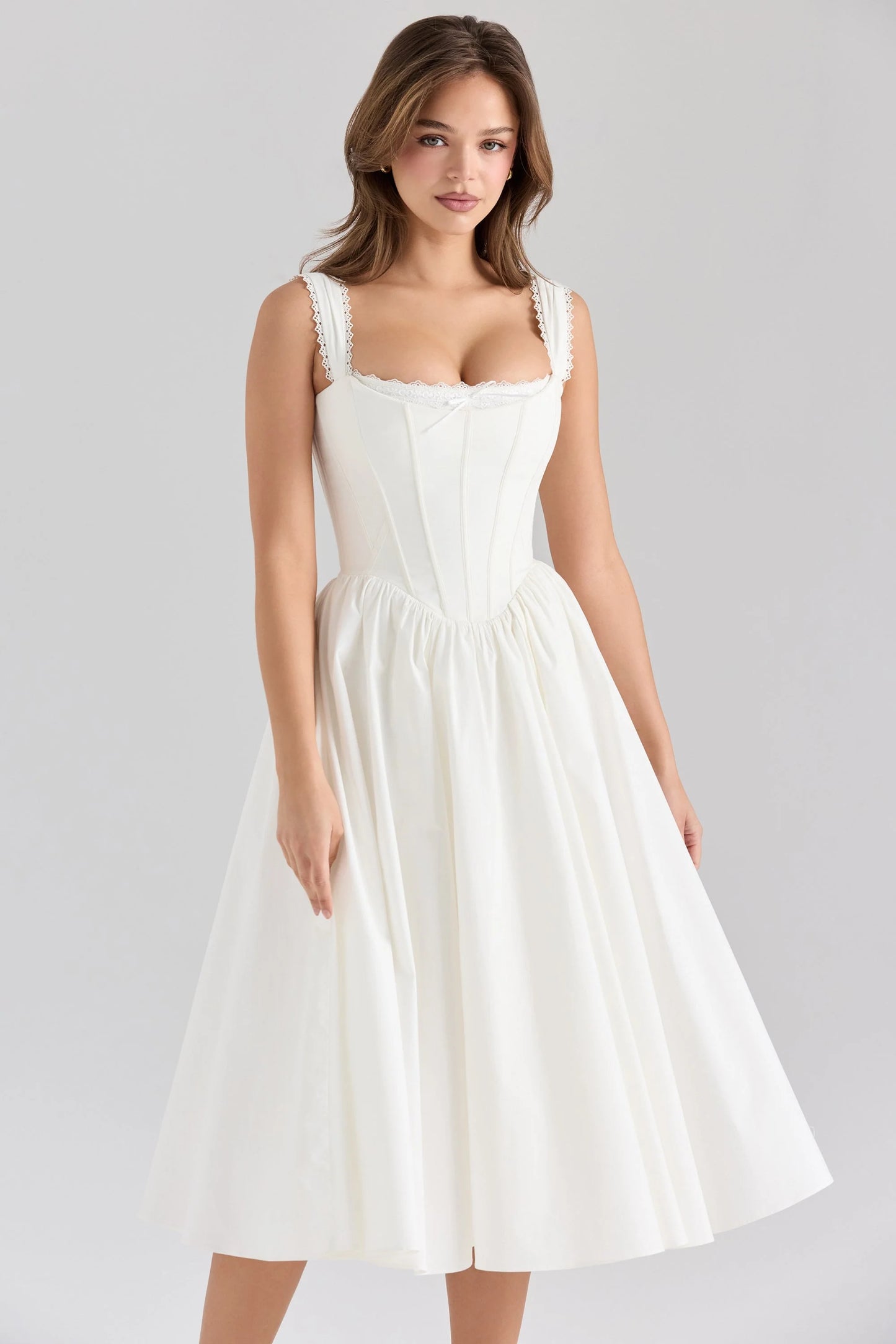 White Stretch Cotton Corset Midi Dress
