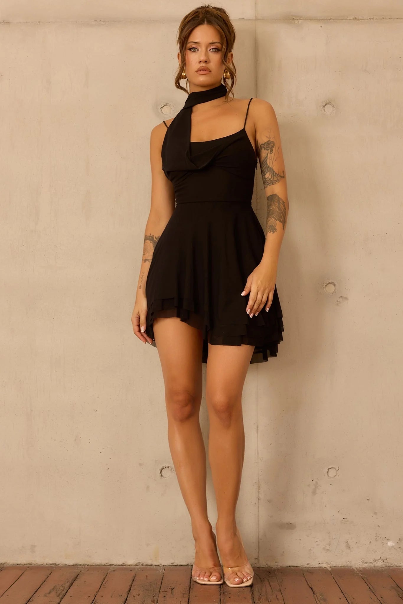 Nocturne Veil Mesh Mini Dress - Black